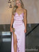Soft Pink V-neck Spaghetti Strap Long Prom Dress with Side Slit, Evening Dress, PD382163
