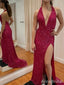 Sexy Red V-neck Halter Lace Long Prom Dress with Side slit, Evening Dress, PD382164