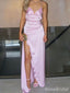 Soft Pink V-neck Spaghetti Strap Long Prom Dress with Side Slit, Evening Dress, PD382163