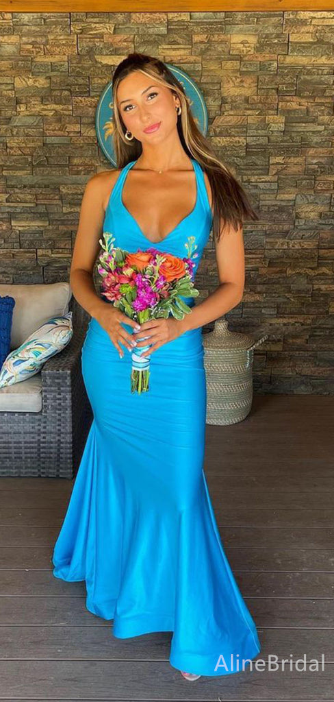 Elegant V-neck Blue Mermaid Long Prom Dress,Evening Dress,PD382166
