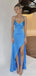 Elegant V-neck Blue Spaghetti Strap Mermaid Side Slit Long Prom Dress,Evening Dress,PD382167