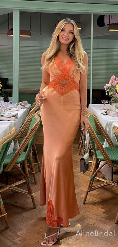Elegant Orange V-neck Long Mermaid Prom Dress, Evening Dress, PD382173