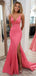 Elegant Pink V-neck Spaghetti Strap Long Mermaid Prom Dress with Side Slit, Evening Dress, PD382174