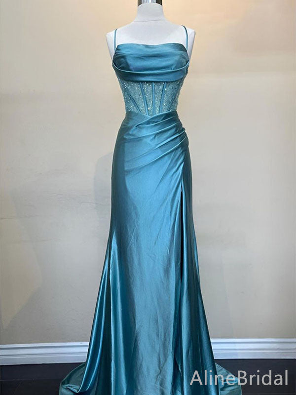 Elegant Blue Spaghetti Strap Backless Fit and Flare Long Prom Dress, Evening Dress, PD382176