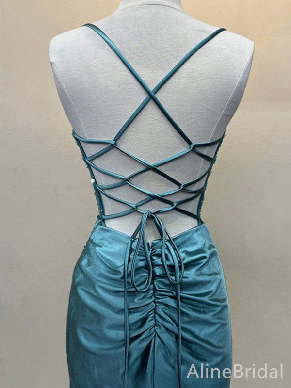 Elegant Blue Spaghetti Strap Backless Fit and Flare Long Prom Dress, Evening Dress, PD382176