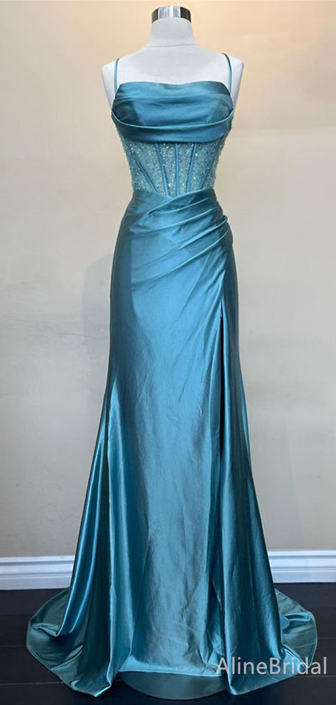 Elegant Blue Spaghetti Strap Backless Fit and Flare Long Prom Dress, Evening Dress, PD382176