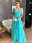 Elegant Blue V-neck Spaghetti Strap A-line Long Prom Dress, Evening Dress, PD382197