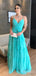 Elegant Blue V-neck Spaghetti Strap A-line Long Prom Dress, Evening Dress, PD382197