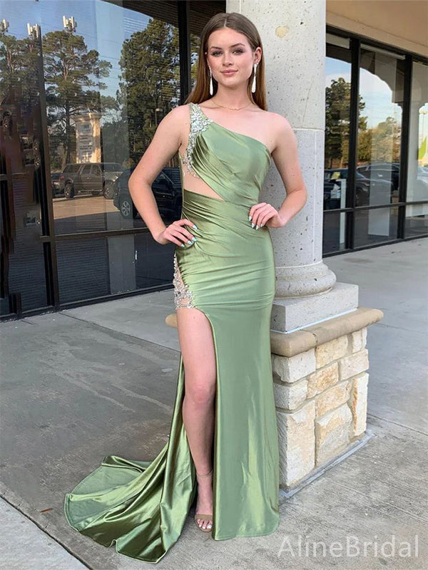 Elegant Green One Shoulder Backless Appliques Long Mermaid Prom Dress Side Slit, Evening Dress,PD382225