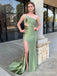 Elegant Green One Shoulder Backless Appliques Long Mermaid Prom Dress Side Slit, Evening Dress,PD382225