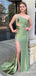 Elegant Green One Shoulder Backless Appliques Long Mermaid Prom Dress Side Slit, Evening Dress,PD382225