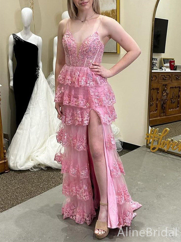 Sparkly Pink Lace Appliques A-Line Layered Tulle Prom Dress, Backless Evening Dress, PD382226