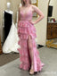 Sparkly Pink Lace Appliques A-Line Layered Tulle Prom Dress, Backless Evening Dress, PD382226