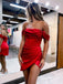 Sexy Side Slit Off The Shoulder Pleated Red Soft Satin Short Homecoming Dress, Prom Dress, PD382253