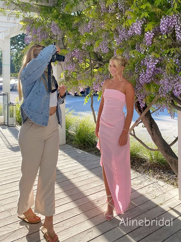 Elegant Side Slit Pleated  Strapless Pink Soft Satin Long Prom Dress, Evening Dress, PD382238