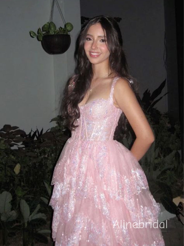 Glamorous  Corset Top Pink Tiered Tulle  Prom Dress with Lace Detailing, Graduation Dress, PD382239