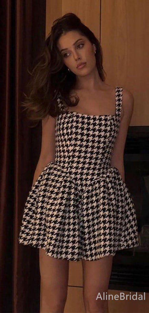 Simple Square A-line Houndstooth Short Mini Homecoming Dress, HD3191