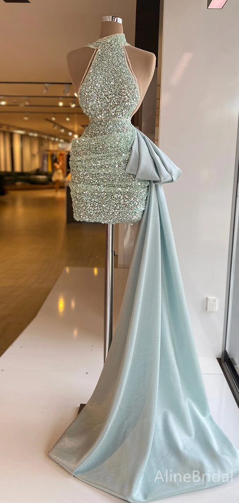 Sparkly Mint Green Sequins Halter A-line Short Homecoming Dress with Train, HD3205