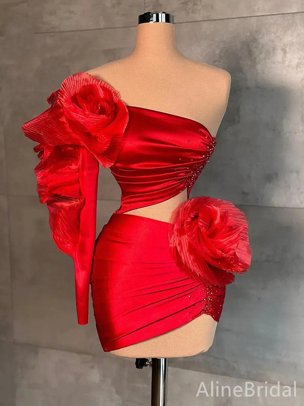 Stunning Red Strapless Short Mini Homecoming Dress with Striking Flowers, HD32674