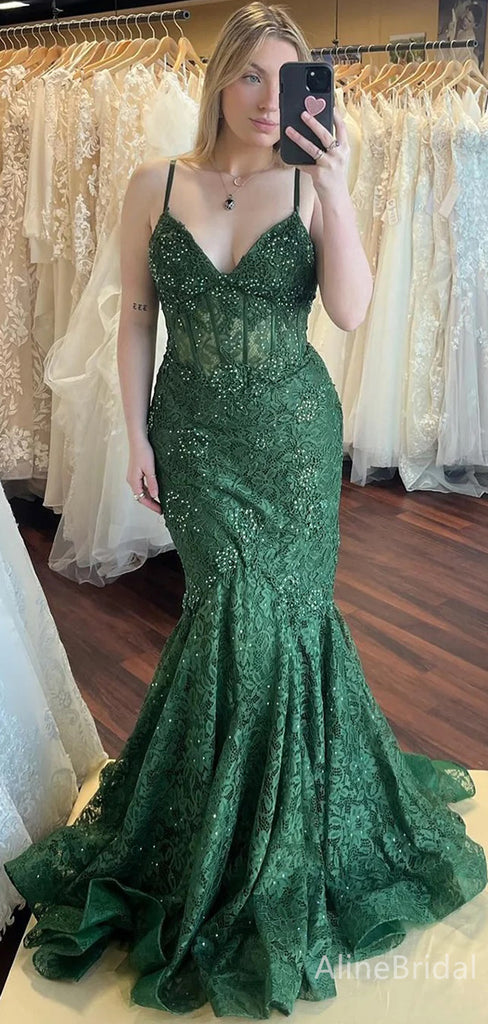 Gorgeous Emerald Green V-neck Strapless Mermaid Long Lace Prom Dress, Evening Dress, PD37743