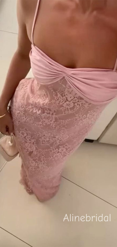 Elegant Spaghetti Straps Bow Lace Blush Soft Satin  Long Prom Dress , Evening Dress, PD382237