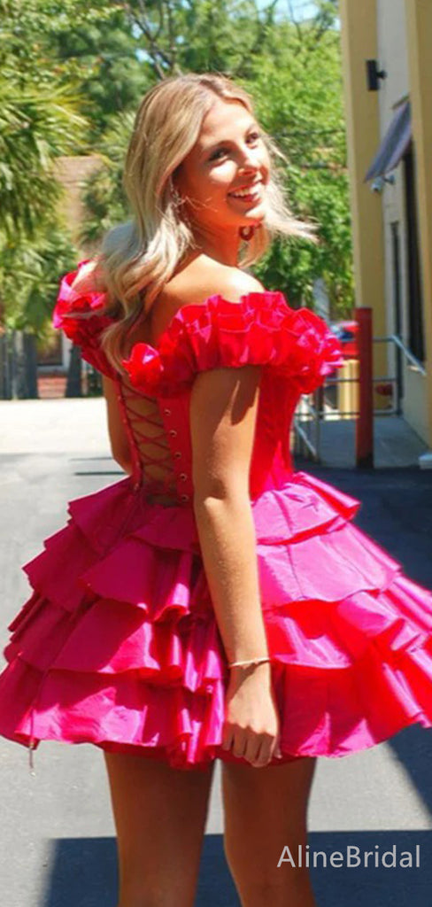 Gorgeous Pink V-neck Off-Shoulder A-line Short Tiered Ruffles Homecoming Dress, HD32678