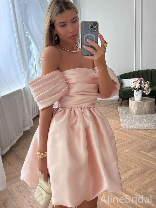 Elegant Soft Pink Off-Shoulder Strapless A-line Short Mini Homecoming Dress, HD32684