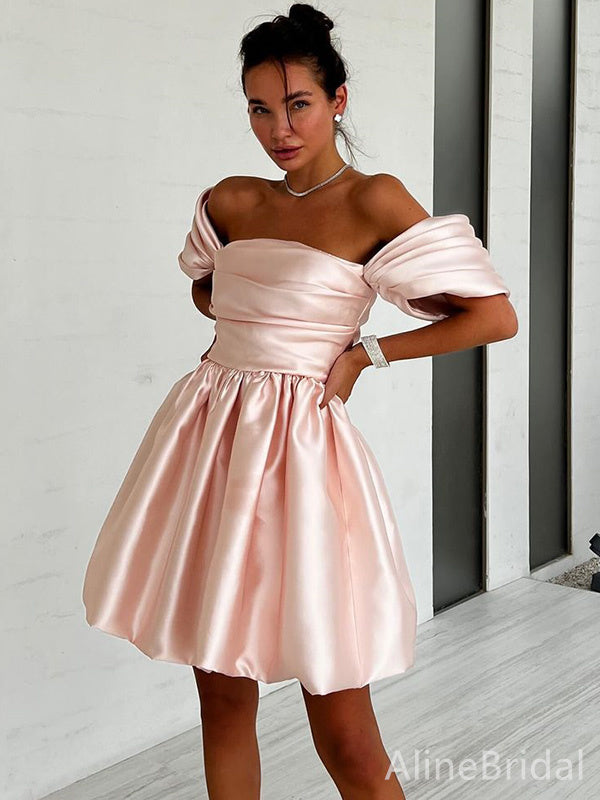 Elegant Soft Pink Off-Shoulder Strapless A-line Short Mini Homecoming Dress, HD32684