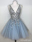Sparkly Blue V-neck A-line Short Tulle Homecoming Dress with Silver Sequins, HD32689