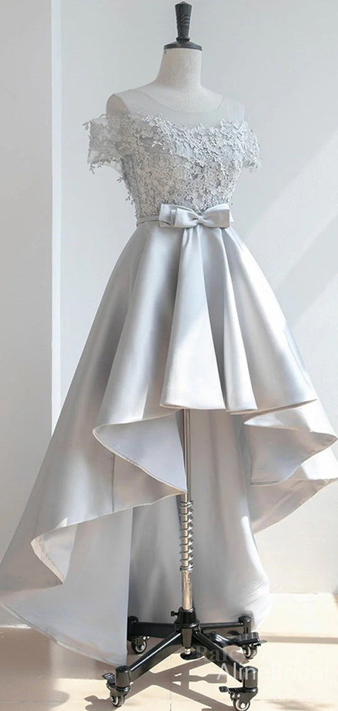 Elegant Silver Off-Shoulder Strapless HIgh Low A-line Short Mini Homecoming Dress, HD32693