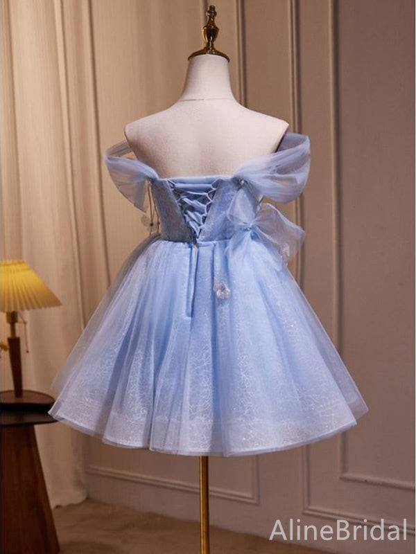 Elegant Pale Blue V-neck Off-Shoulder A-line Short Mini Homecoming Dress, HD32701