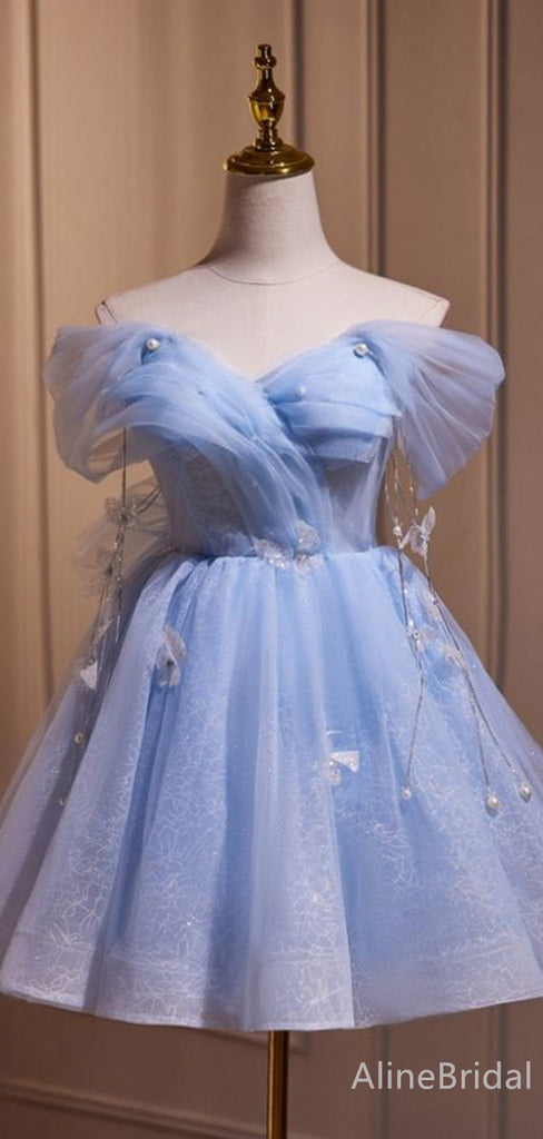 Elegant Pale Blue V-neck Off-Shoulder A-line Short Mini Homecoming Dress, HD32701