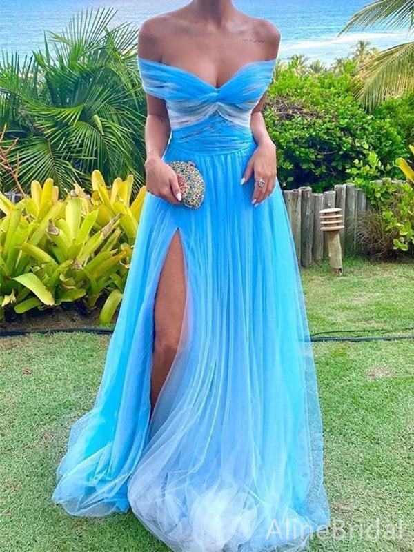 Elegant V-neck Off-Shoulder Split Side A-line Long Prom Dress,PD37955