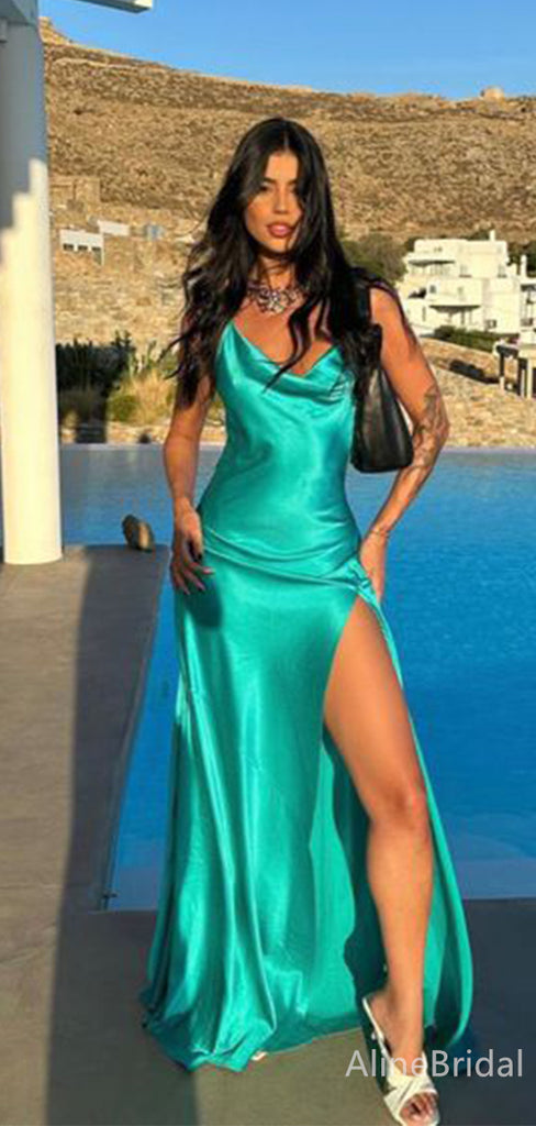 Elegant Teal Spaghetti Strap A-line Long Prom Dress with Slit , Evening Dress, PD38062
