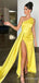 Elegant One Shoulder Side Slit Yellow Memriad Long Prom Dress with Drape, Evening Dress, PD38064