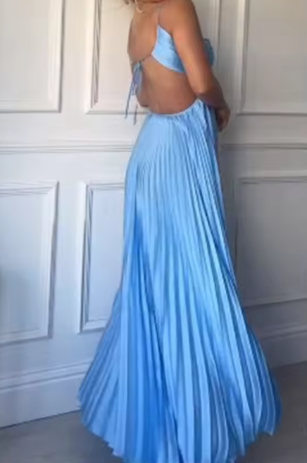 Unique Summer Halter Pleated Blue Spaghetti Strap Backless A-line Long Prom Dress,2025 Fashion Lady A-line Robes,PD381986