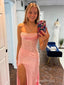 Sparkly Strapless Pink Soft Satin Mermaid Dress with Side Slit & Pleated Beading, Prom Dress, PD382241