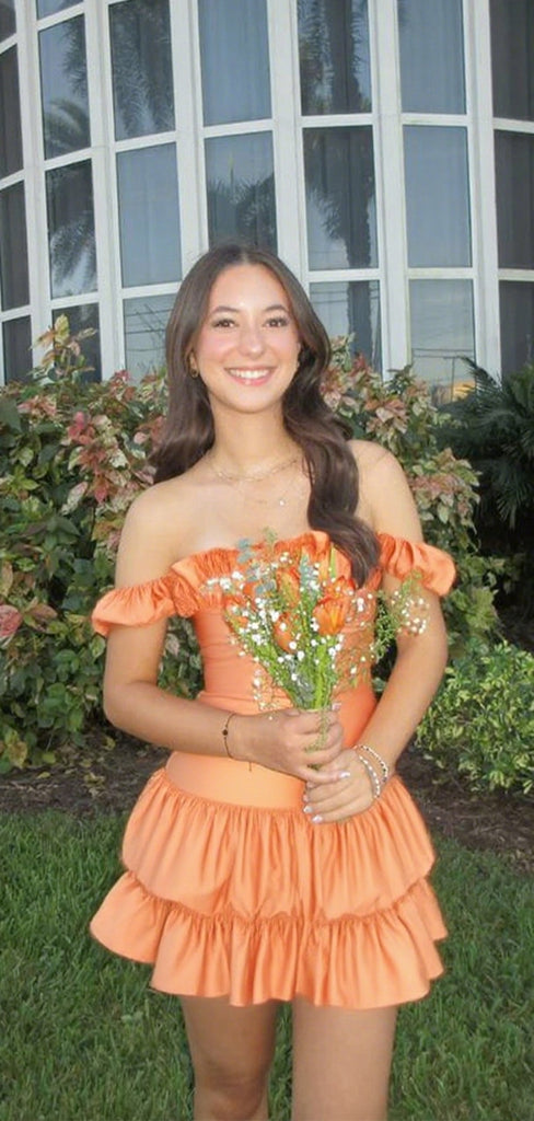Elegant Off the Shoulder Sleeveless Ruffle Orange Short Homecoming Dress, Mini Skirt, HC382274