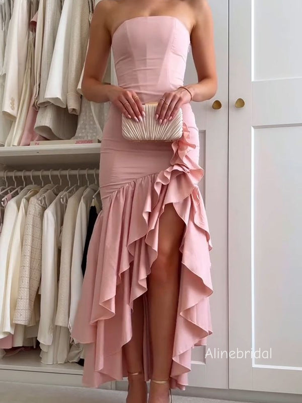 Elegant Strapless Ruffle High Low Pink Prom Dress, Formal Wear, PD382285