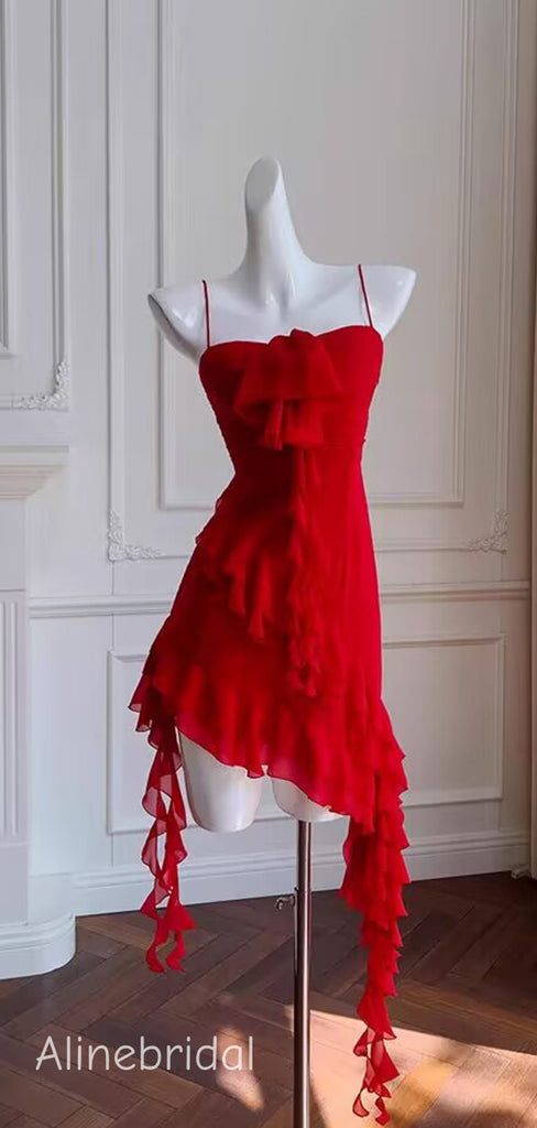 Sexy  Spaghetti Straps Rufflles Asymmetrical Streamers A-line Red Chiffon Mini Homecoming Dress, PD382259