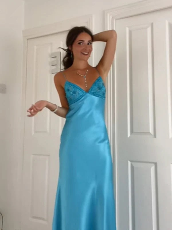 Blue Spaghetti Strap V-neck Lace-Up Memriad Elegant Prom Dress,Floor-Length Dresses,PD38063
