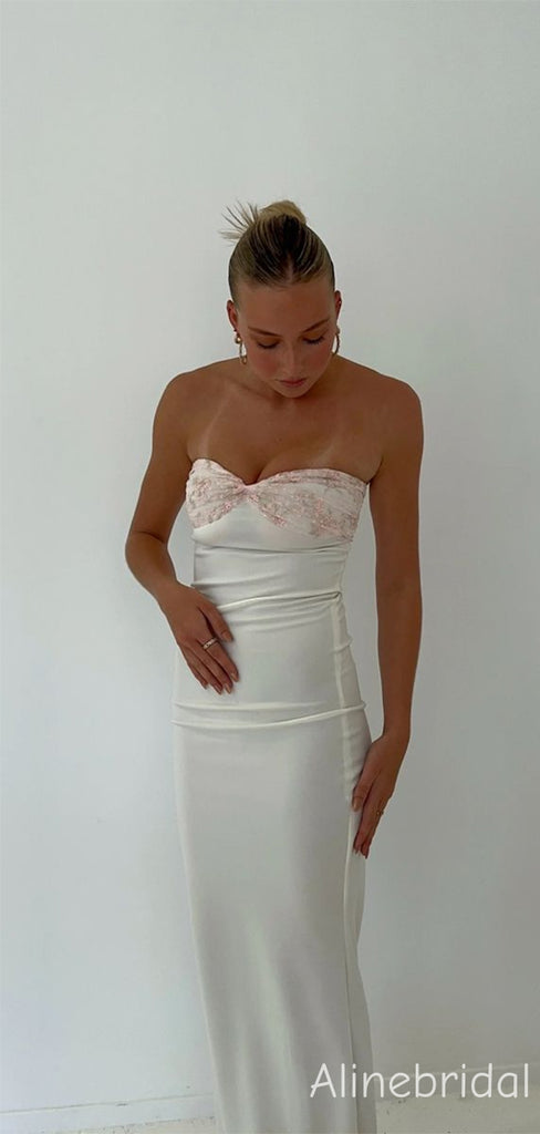 Elegant Strapless Bustier Ivory Soft Satin Column Prom Dress with Bow Detailing, Party Dress, PD382282