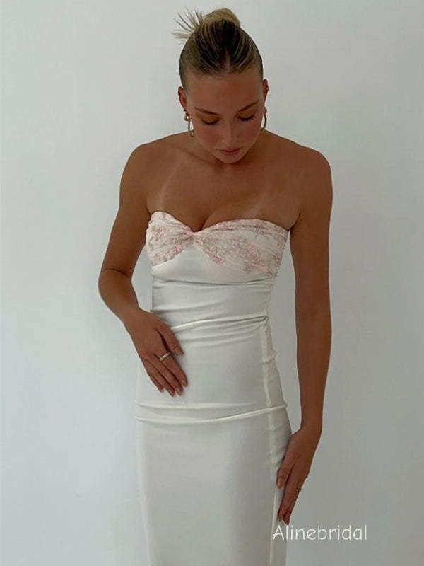 Elegant Strapless Bustier Ivory Soft Satin Column Prom Dress with Bow Detailing, Party Dress, PD382282