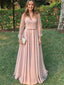 Elegant Pink V-neck Long Prom Dress with Tulle Sleeve, Mother of the Brides Dress, PD0850