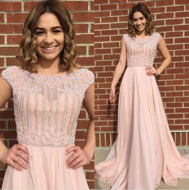 Beading Scoop Neck Cap Sleeves Chiffon A-line  Prom Dresses ,PD00131