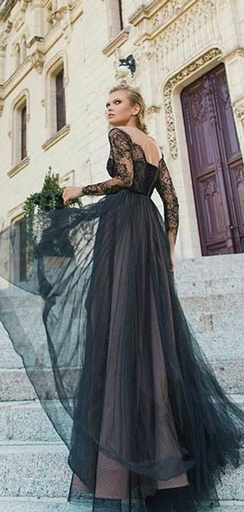 Black Lace Long Sleeve Off Shoulder Lace Up Back Prom Dresses.PD00230