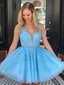Blue Lace Beaded Sleeveless Fashion Homecoming Dresses,HD0014