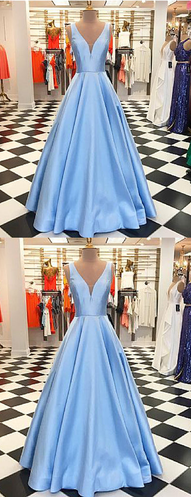 Blue Satin V-neck  Sleeveless A-line Elegant Prom Dresses,PD00353