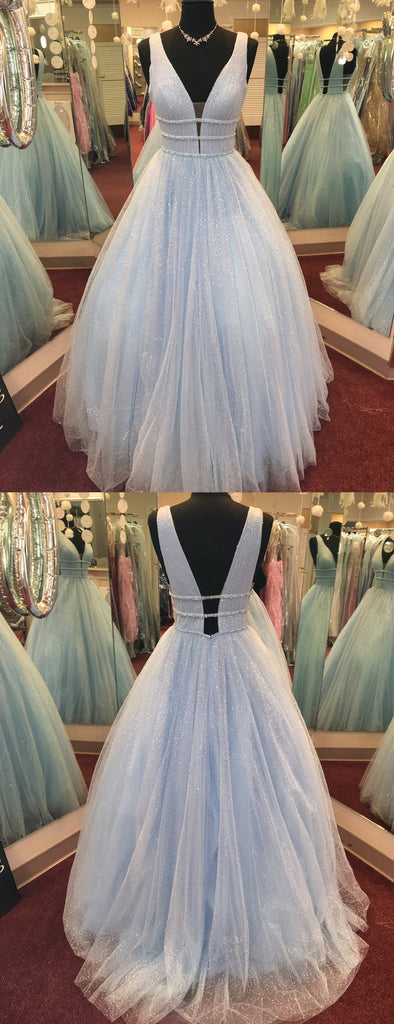 Blue Tulle Sequin Beading Sparkly Ball Gown Prom Dresses ,PD00135