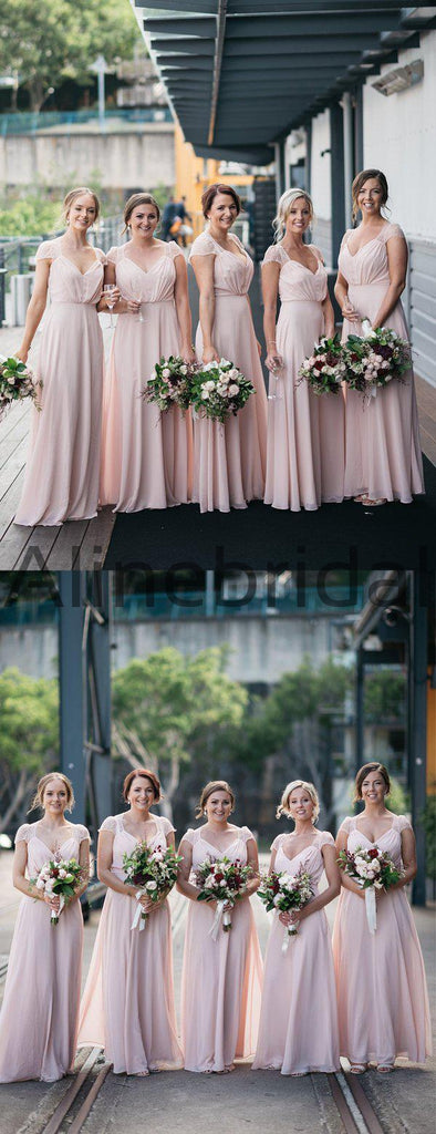 Blush Pink Chiffon Lace Cap Sleeve A-line Long Bridesmaid Dresses, AB4107